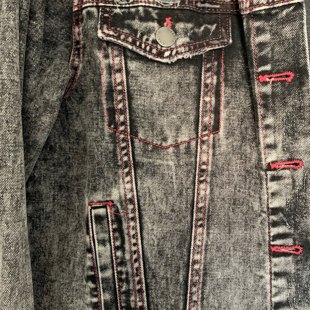C'est Toi y2k vibes distressed grey denim jacket with pink stitching size L - Picture 4 of 7